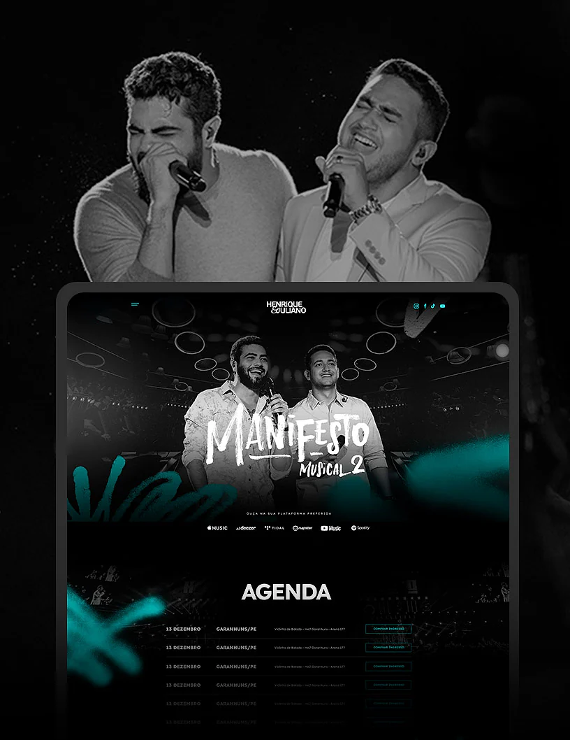 Site da dupla Henrique e Juliano exibido em um tablet